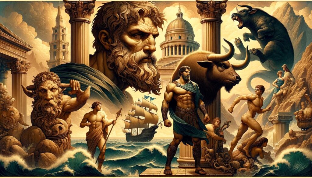 Illustration of a Greek hero, Hercules, during one of his famous labors.